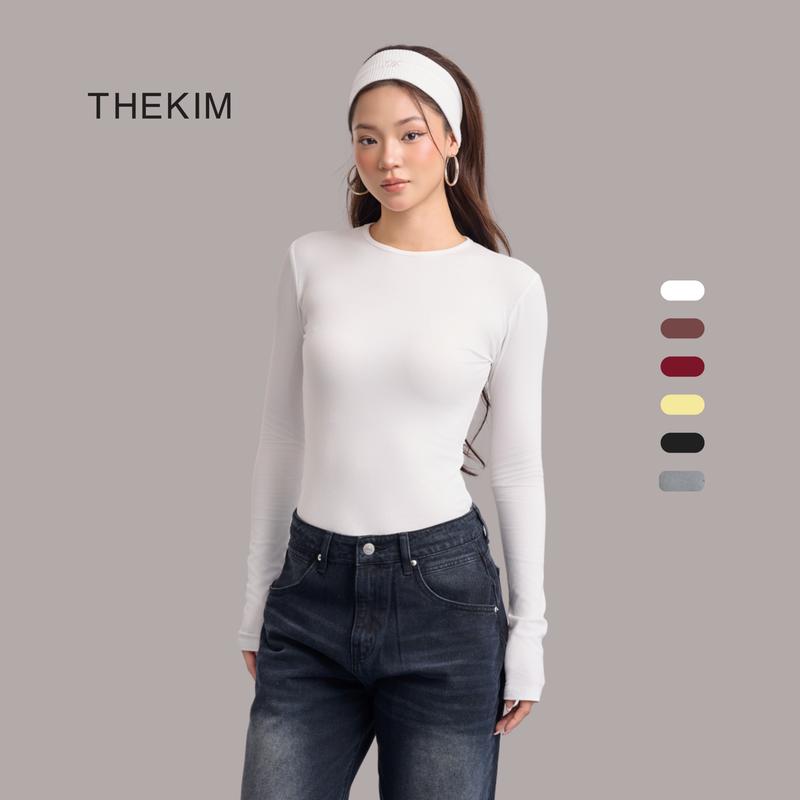  THEKIM Áo thun tăm cotton dài tay cổ tròn nhiều màu  áo giữ nhiệt dài tay trơn basic cho nữ đen trắng AD119 dáng thường 