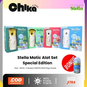 Stella Matic Box Set Limited Edition (Alat + Refill 225ml + 2 Baterai FREE Stella Refill Matic Raja Ampat) Pengharum Ruangan Otomatis dan Praktis