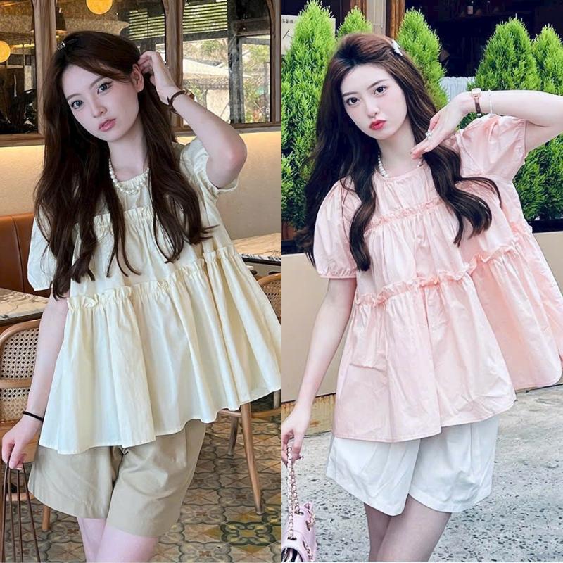 Áo bầu baby doll tay bồng áo kiểu nữ dáng bèo xinh chất đũi gân mềm mịn phong cách Hàn Quốc