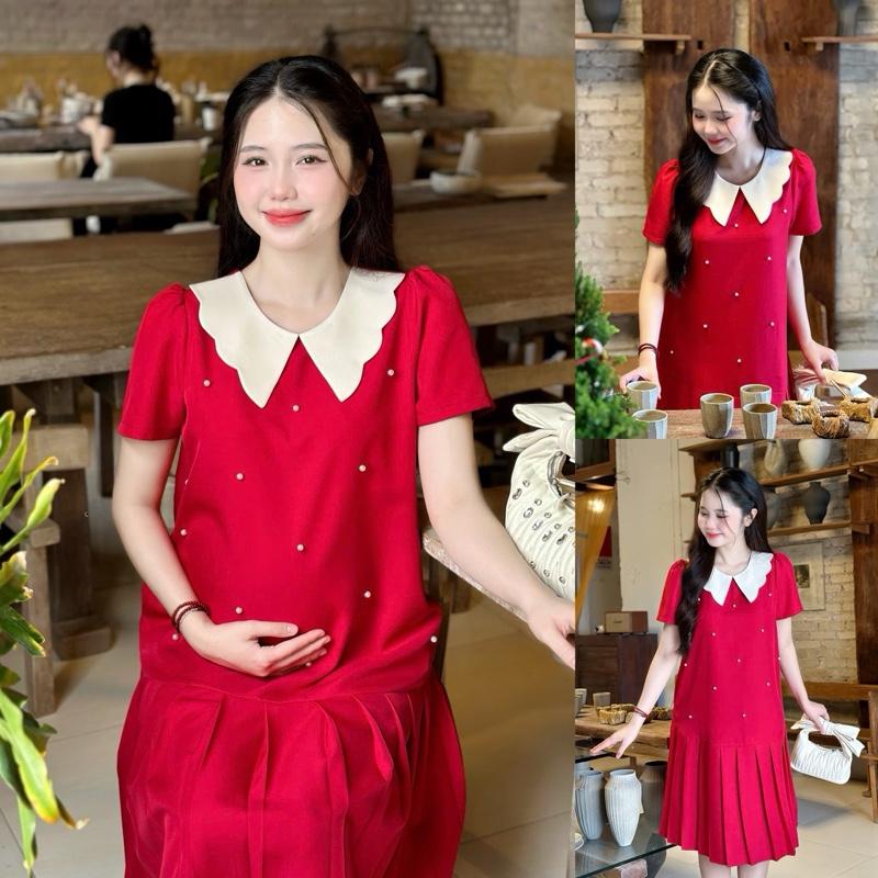  Đầm bầu Tết Tochi đính ngọc cổ lá cách điệu form đuôi cá xếp ly cho mẹ mang đi làm đi tiệc mang Tết 