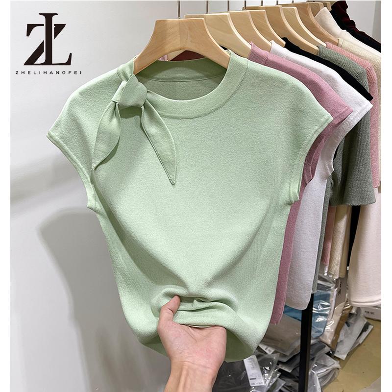 Áo thun dệt kim ngắn tay cổ tròn có dây buộc cho nữ Slim-Top