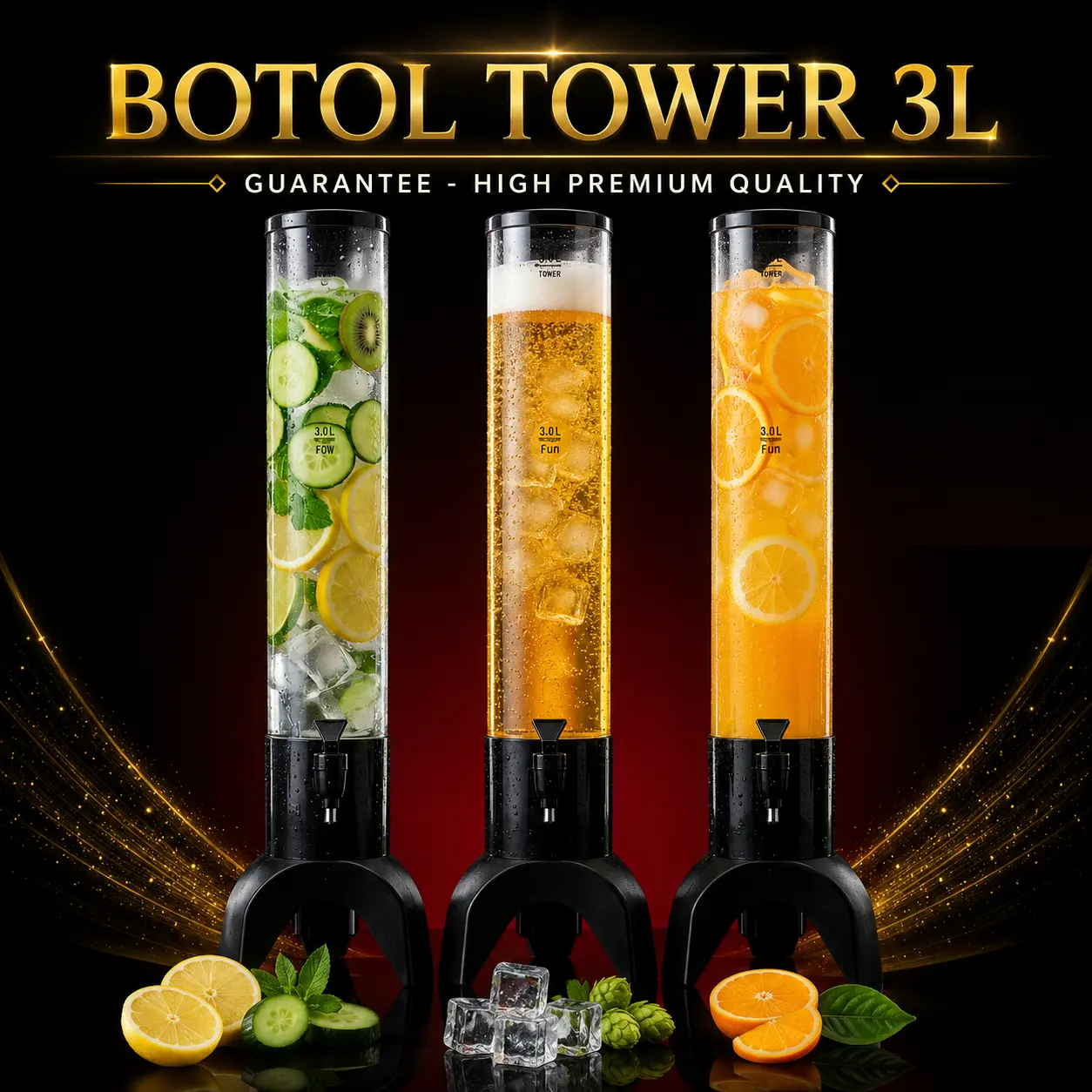 [BERGARANSI] Botol Tower 3L Premium Botol Minuman Kekinian Botol Tower Dispenser Premium 3L Ada Lampu LED Botol Bar Kafe Resto Pub Botol Soju Botol Bir