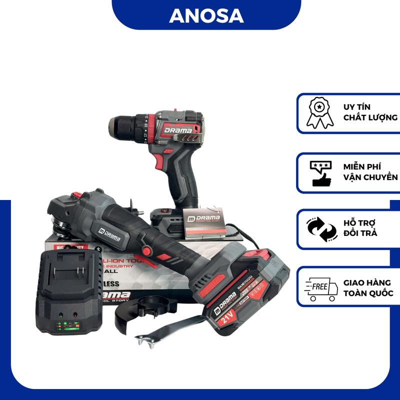 HQD Combo DRAMA Máy Mài 5122B Máy Khoan D-21A Kèm Pin 10Cell Sạc - Động Cơ Không Chổi Than Chân Pin Phổ Thông