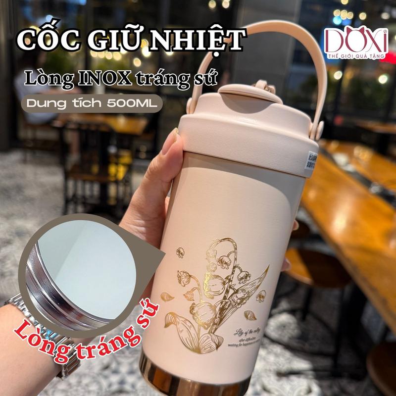 Ly Giữ Nhiệt 12H Phủ Sứ Cao Cấp 550ml – Nắp Xoay Ống Hút Thủy Tinh & Silicone – 2 Màu Hồng Kem 