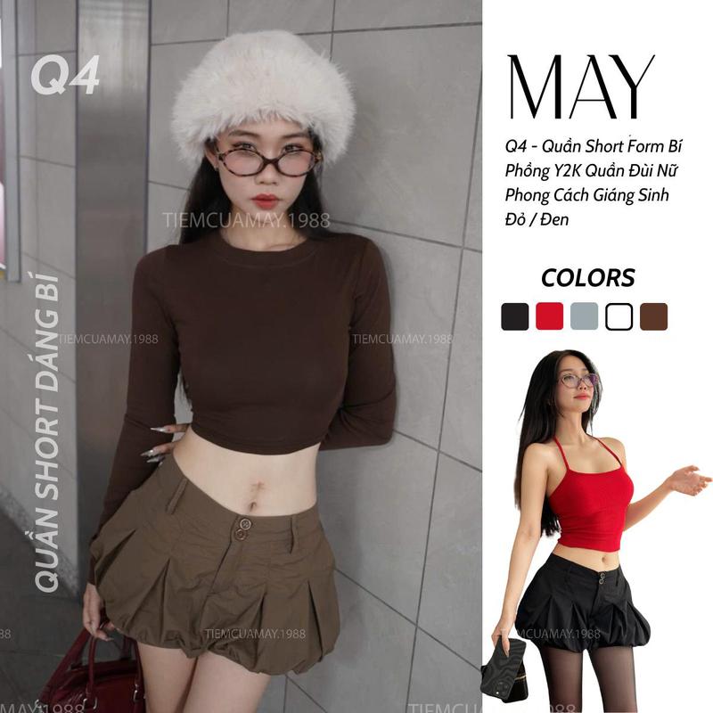 Q4 - Quần Short Form Bí Phồng Y2K Quần Đùi Nữ Phong Cách Giáng Sinh Đỏ / Đen / Xám