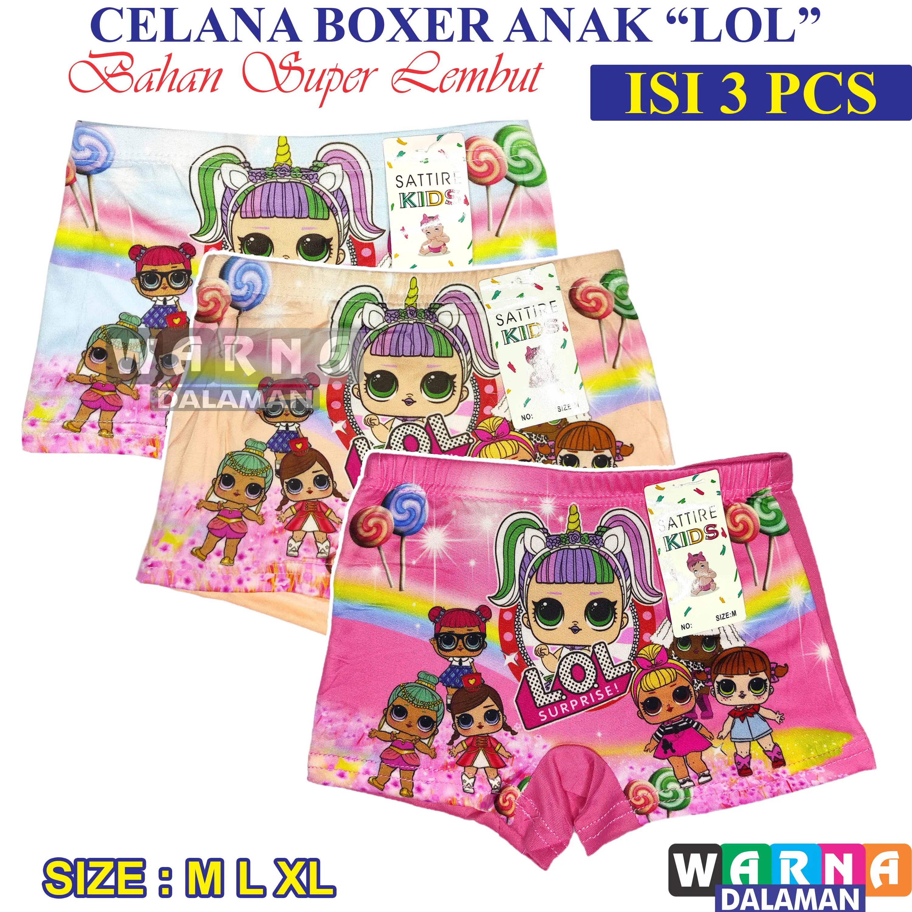 3 Pcs Celana Dalam Boxer Anak Perempuan Gambar Kartun Karakter Lucu Multiwarna WARNA DALAMAN