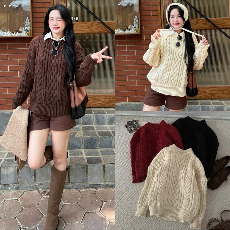  Áo len vặn thừng bánh mì dáng rộng QC cổ tròn THE BARNETT  chất len dày dặn siêu đẹp style Ulzzang Dành Cho Nữ - Aolen1521 