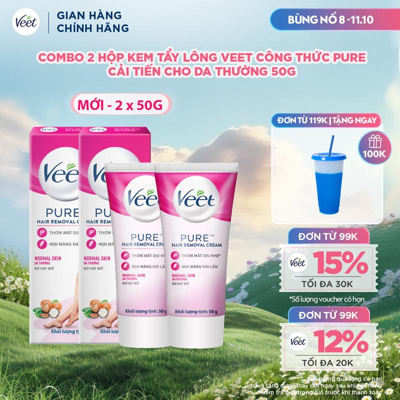 Combo 2 hộp Kem tẩy lông Veet công thức Pure cải tiến cho da thường 50g