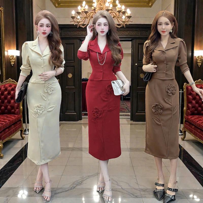  Set CRAZYTEEN S6343 áo tay dài peplum và chân váy dáng suông dài sang trọng để đi tiệc   Áo vest  Chân váy   Áo kiểu nữ Set đồ sang chảnh 