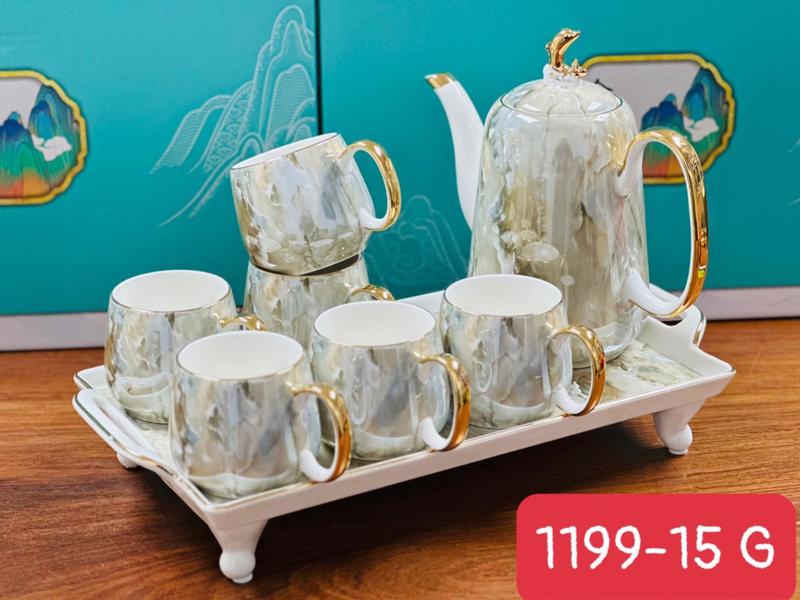 Bộ Ấm Chén Pha Trà Gốm Sứ Vân Đá Viền Vàng Ly Lớn, Khay Cao. Bộ Tách Trà Cao Cấp Màu Vân Ghi, Thiết Kế Đẹp Mắt 2025