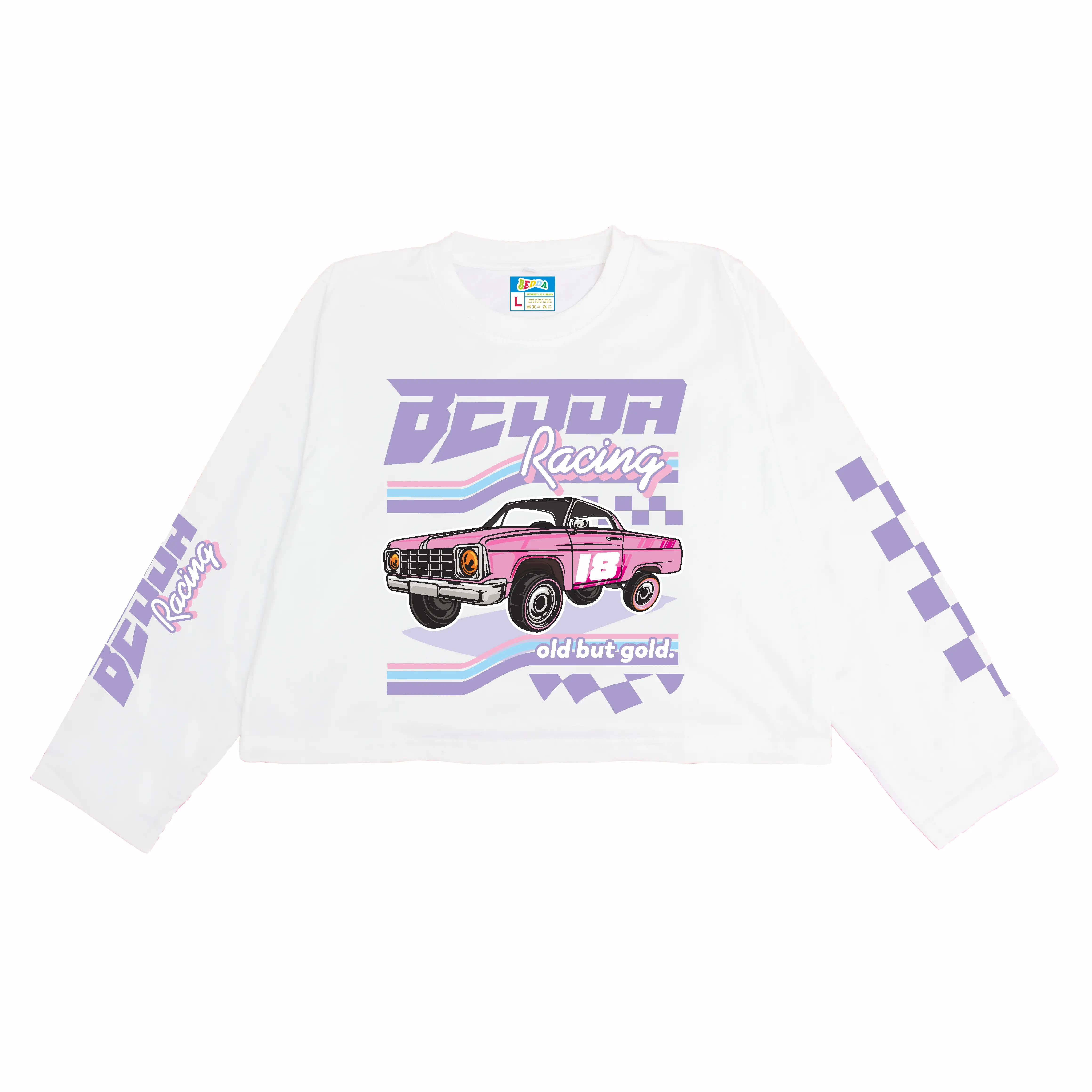 BEDDA - Crop T-shirt old car Racing White Long Sleeve Combed Kaos Wanita Tee Panjang
