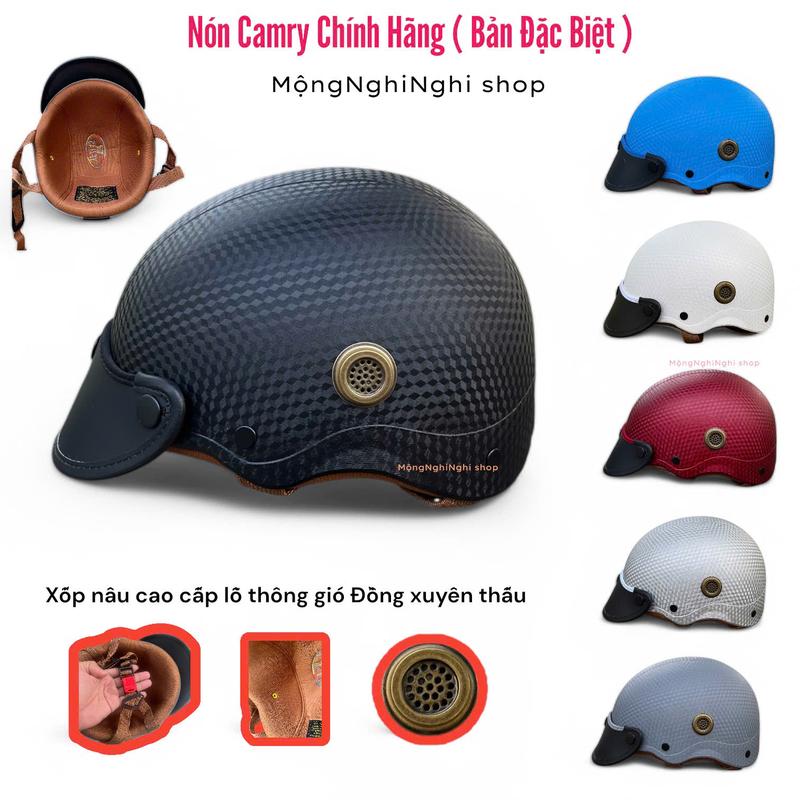   Tặng Móc khóa  Nón Bảo Hiểm Chính Hãng VÂN CARO  BẢN ĐẶC BIỆT  Có Giấy Kiểm Định Hàng chính hãng CAMRY -Bản Nâng Cấp Nút thông gió đồng lòng lót nâu cao cấp - Helmet Phụ Kiện Đội Đầu Nam 