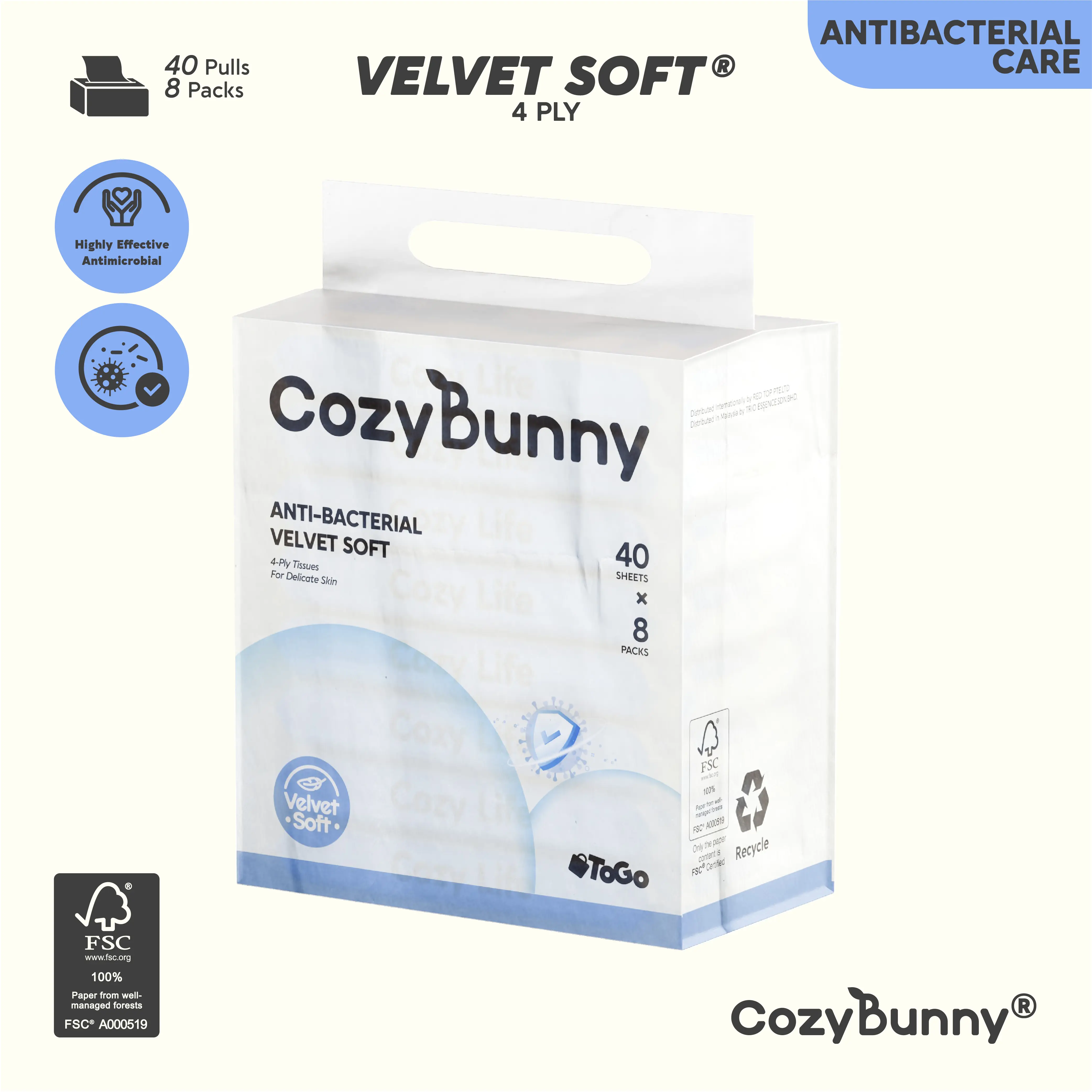CozyBunny Velvet Soft 4-Ply Antibacterial Tissues (To-Go) | 8 Packs x 40 Sheets | Travel-Friendly & Safe  Disposable pocket tissues for sensitive skin, infused with moisturizer, ideal for office, car, or school