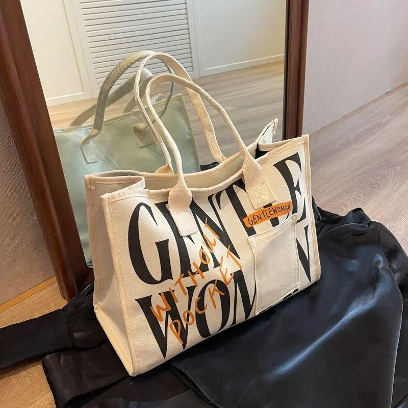 Canvas tote bag, gentlewoman, Thailand A, for women, with zipper, black and white, large capacity, suitable for shopping