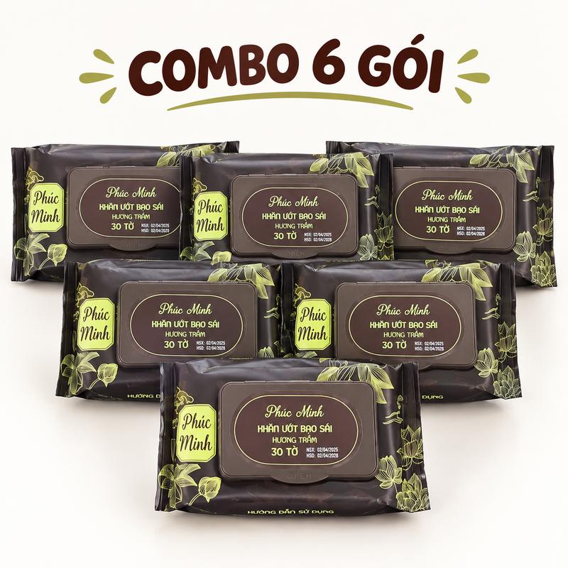 Combo 6 Gói Khăn Ướt Lau Ban Thờ, Khăn Ướt Bao Sái Hương Trầm Tự Nhiên