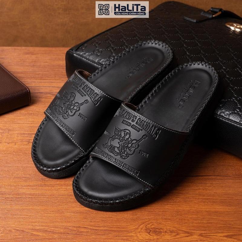 [VVK x HaLiTa ] - Dép Nam Đẹp Đi Mưa dập vân nổi Địa , Da Bò Sáp chống thấm nước , Đế Nhẹ Có Răng Cưa Chống Trơn Trượt , Mặt da êm chân khâu chỉ viền xung quanh. DéP Nam Đế Bằng.