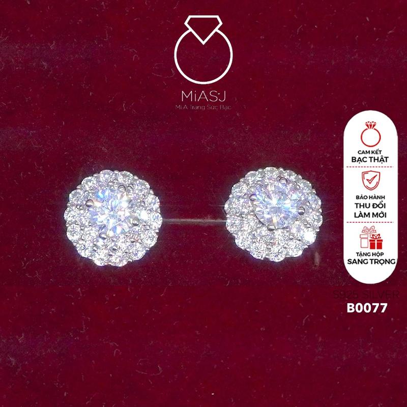 B0077 - Bông tai nữ  kiểu Bạc S925 halo chốt VẶN xi bạch kim thanh lịch cao cấp MiASJ