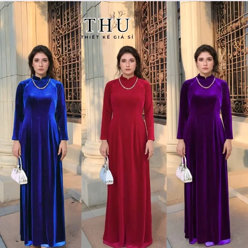 (Không kèm quần)Áo dài nhung trơn truyền thống cổ cao tay dài hàng thiết kế cao cấp (giỏ hàng shop có bán lẻ quần)