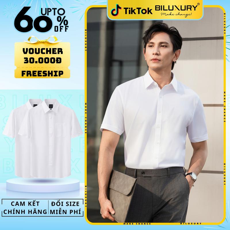 [HÀNG MỚI 2025] Áo Sơ Mi Trắng Ngắn Tay Biluxury Cao Cấp Bền Màu, Dễ Làm Sạch 8SMCB412/401 Trơn Form Casual vừa người tôn dáng Nam Menswear