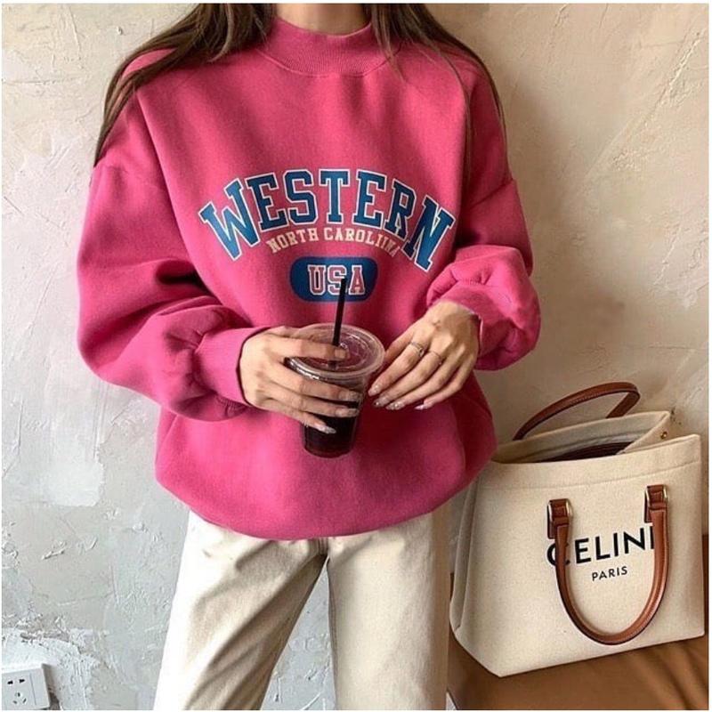 Western Sweater Crewneck Bahan Fleece Sweatshirt Wanita Panjang 2