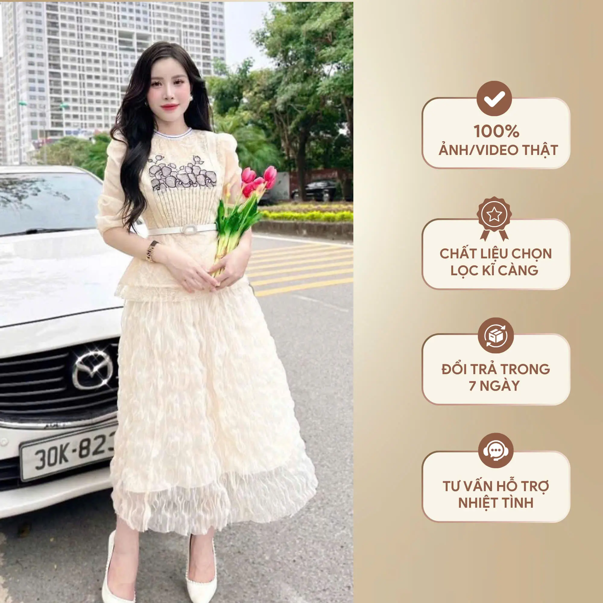 V5244 ĐẦM REN TIỆC CƯỚI SANG TRỌNG ẢNH THẬT MIỄN SHIP Nữ Women Dress Voan MÀU KEM