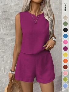 Conjunto de mujer de 2 piezas: top sin mangas con cuello en V casual y pantalón de pierna ancha; ajuste holgado para verano; ropa para casa, oficina, vacaciones y todas las estaciones.