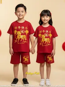 Setelan Imlek Anak UNISEX Terbaru 2026 Model Pendek Dengan Bahan Premium Bermotif Shio Kuda Api Untuk Anak Usia 1-10 Tahun