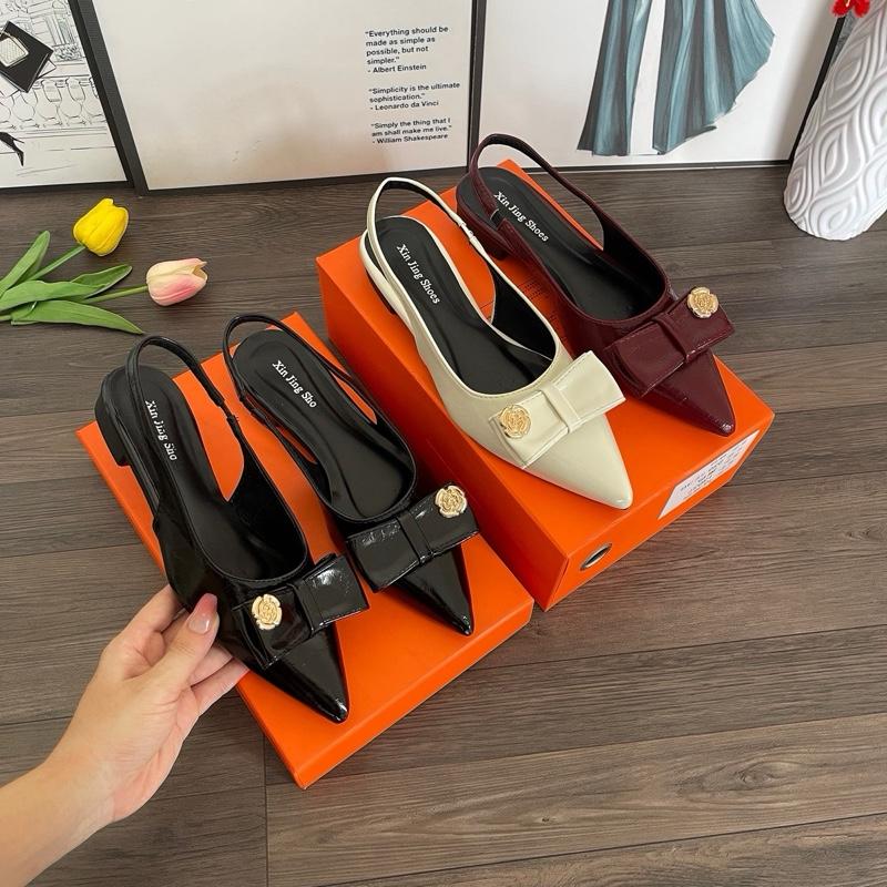 Giày Sục Nữ Mũi Nhọn Mới Đế 2p Gắn Nơ Xinh Da Bóng Lỳ B08