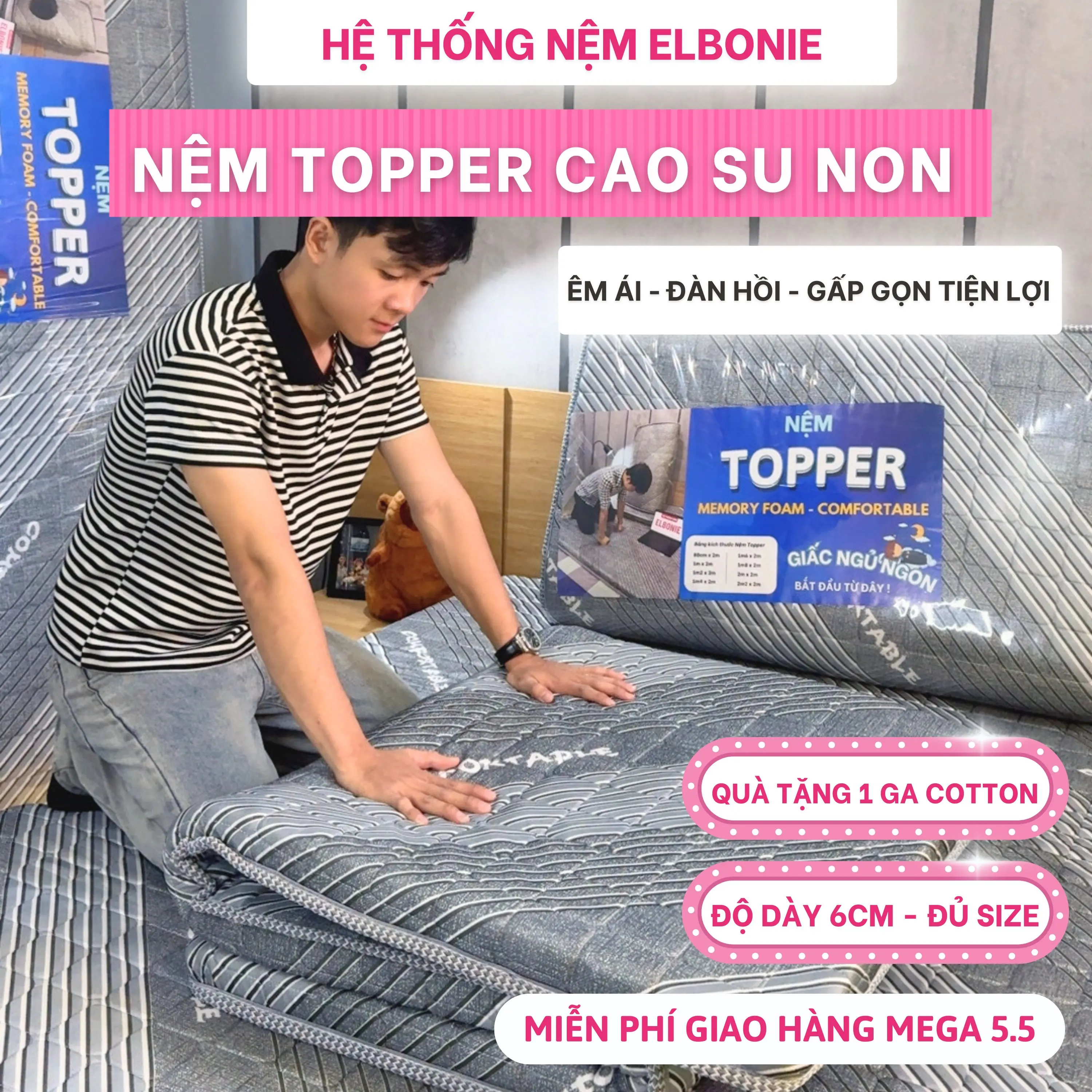 Nệm Topper Cao Su Non Cao Cấp Độ Dày 6cm đàn hồi cao, êm ái thoáng khí không xẹp lún, nệm văn phòng, nệm ký túc xá cao su nhân tạo 1 nệm tặng 1 ga cotton