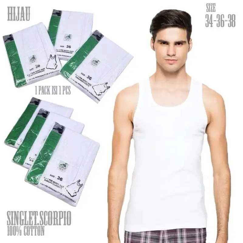 Singlet Scorpio Hijau Kaos Kutang Dalam Pria Bahan Katun  Putih Cowok Dewasa Salur Oblong Putih Katun Ribs [1 Pcs]