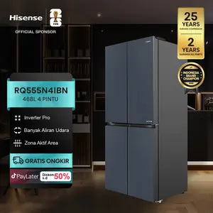HISENSE-RQ555N4IBN-Kulkas 4 Pintu-Kapasitas 468L-Higienis Aktif Semua Zona-Inverter Pro-Desain Pintu 90°-Laci Pendingin-360°Multi Aliran Udara-Pembuat Es yang dapat diputar