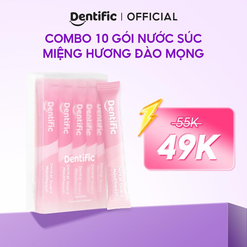  Combo 10 Gói nước súc miệng Hương Đào mọng Dentific  1 hộp 10 gói  1 gói x 13ml  - Hơi thở thơm mát sạch sẽ hương trái cây - Dễ mang theo 