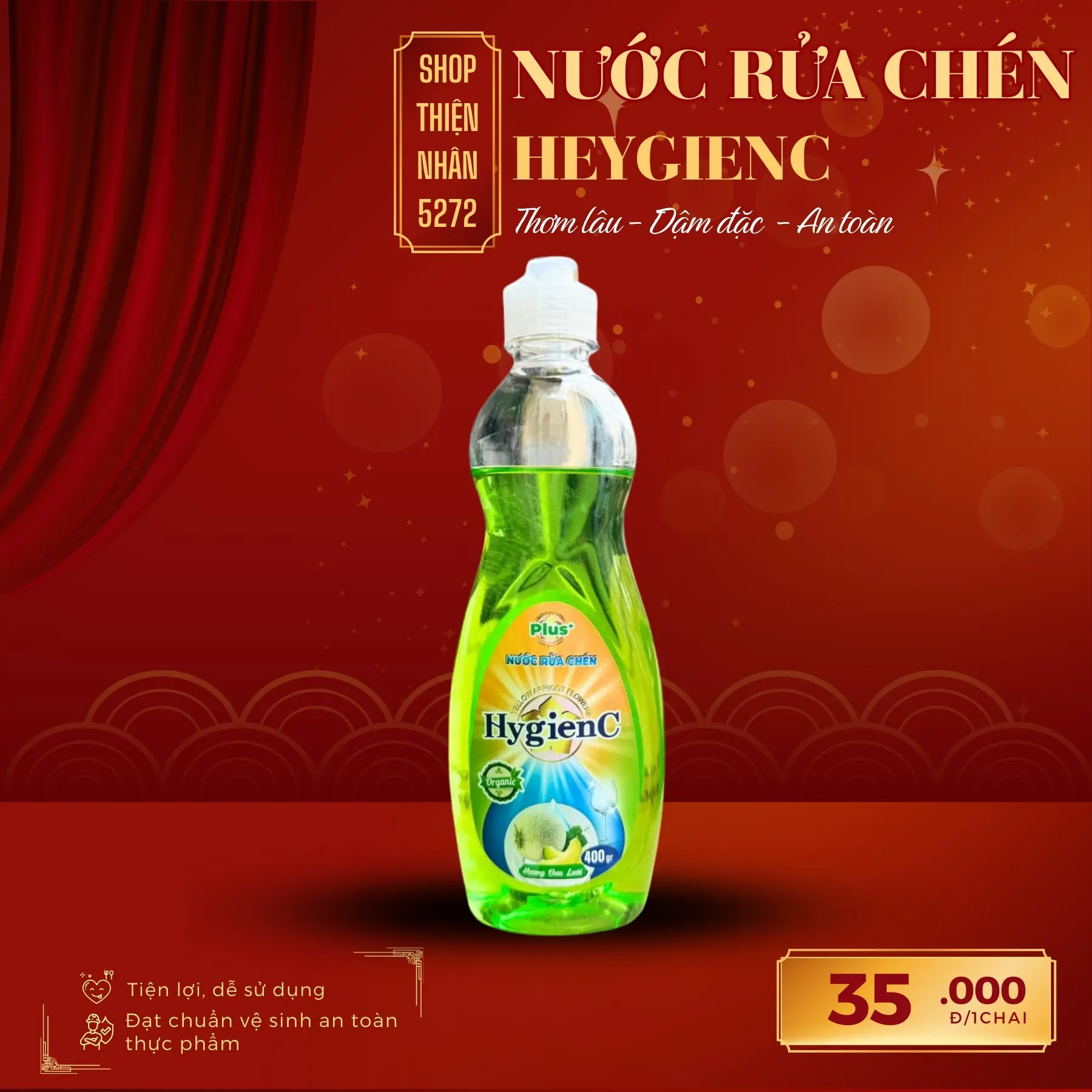 Nước Rửa Chén 400gr HygienC Hương Dưa Lưới - Nước Rửa Chén Sinh Học An Toàn Cho Da Tay - 1