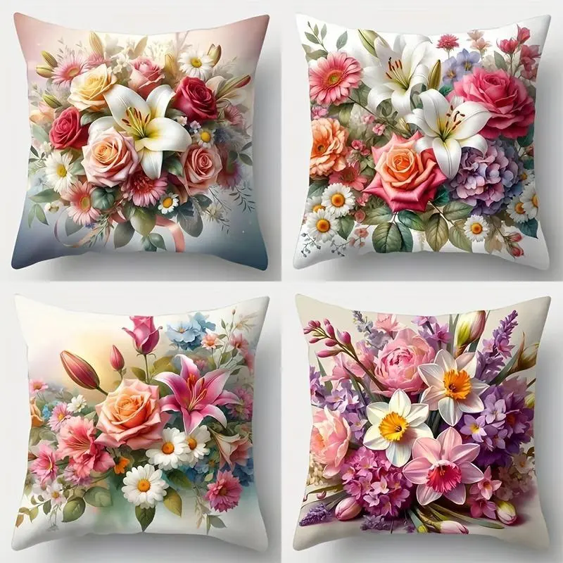 Floral Pattern Cushion Cover, 4 Counts/set Square Throw Pillow Cover, Household Decoration Supplies for Home Living Room Bedroom