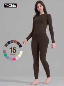 Conjunto de ropa deportiva para mujer con camiseta de manga larga sólida y leggings de cintura alta, cómodo y transpirable para yoga, gimnasio y correr, ropa deportiva para damas para todas las estaciones