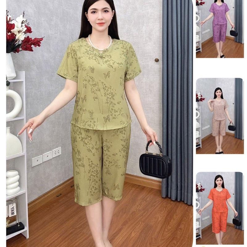 Bộ đồ mặc nhà, Loudra shop, b10   Đồ Bộ Trung Niên cho mẹ , LỬNG  NGANG GỐI Vải Luạ Nhập cao cấp Mango MỀM MỊN Tay ngắn Có hoa Xanh Sen Kem