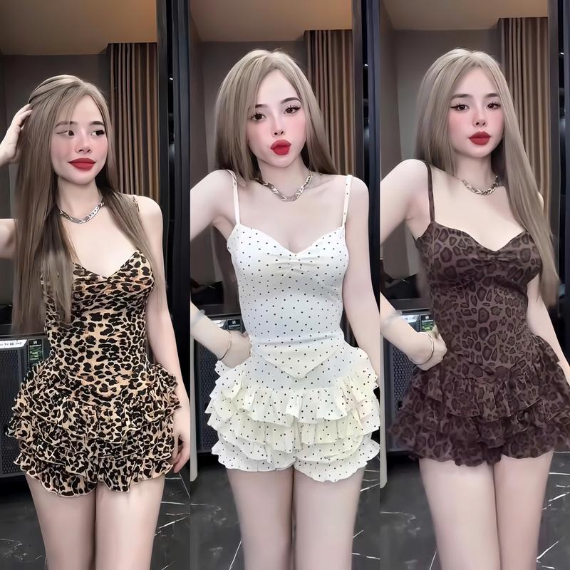 Set Áo 2 Dây ( Có Mút ) Vạt Nhọn Phối Quần Giả Váy Tầng Bèo Ống Bo Chum Xinh Xắn Gợi Cảm Duyên Dáng THích Hợp Cho Nữ Mặc Nhà mặc Đi Chơi