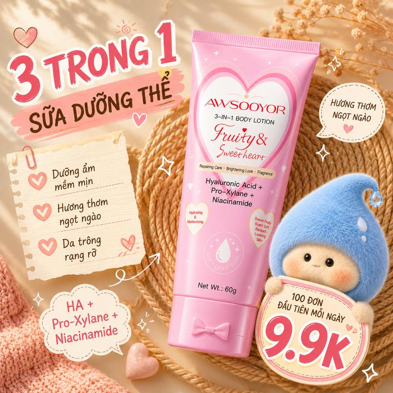 AWSOOYOR SỮA DƯỠNG THỂ 3 TRONG 1 60g hương thơm dễ chịu, cấp ẩm nhẹ nhàng, dùng trước khi ra ngoài, thấm nhanh, không gây bết dính, phù hợp cho cả nam và nữ