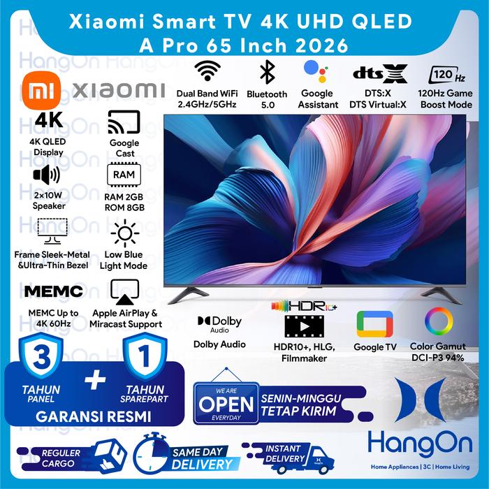 Gambar Xiaomi TV A Pro 65 Inch 2026 GoogleTV 4K UHD QLED MEMC 60Hz Xiaomi Sound Dolby Audio DTSX DTS VirtualX Apple AirPlay Miracast Filmmaker HDR10+ Low Blue Light Metallic Design Ultra Thin Bezel 65" Ultra HD Google Smart TV 120Hz Game Boost Mode - Only TV dari HangOn Official Store Kota Tangerang Tokopedia