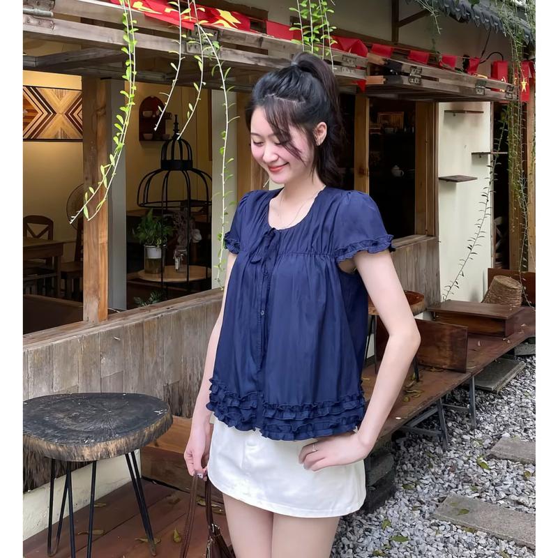 Kozoda Áo sơ mi kiểu nữ SM405 chất đũi lì form rộng họa tiết bèo viền cách điệu tiểu thư hè thu phong cách Hàn Quốc