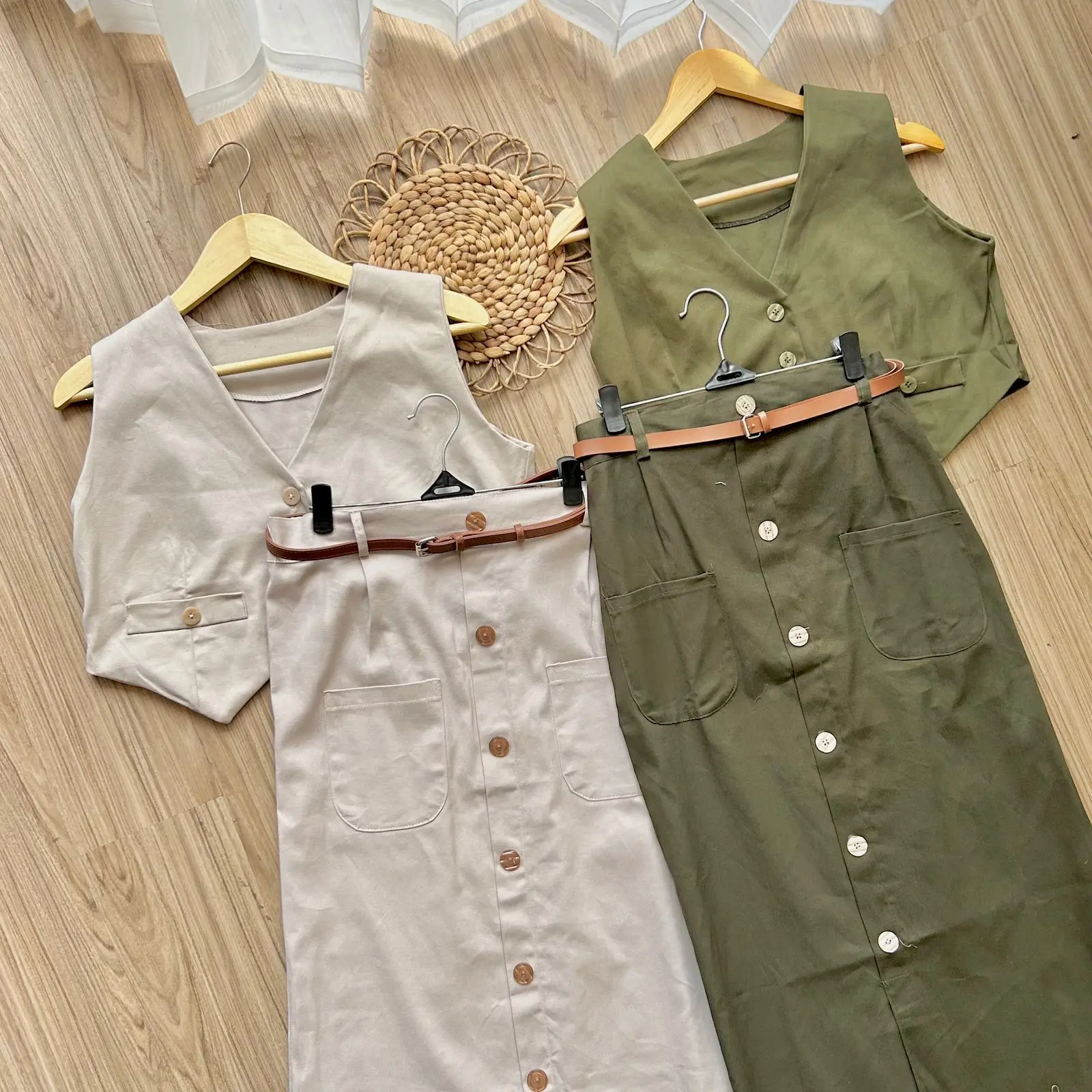 SASH - One Set Lena Vest Dan Long Skirt Button Wanita Korean Style Kekinian Bigsize