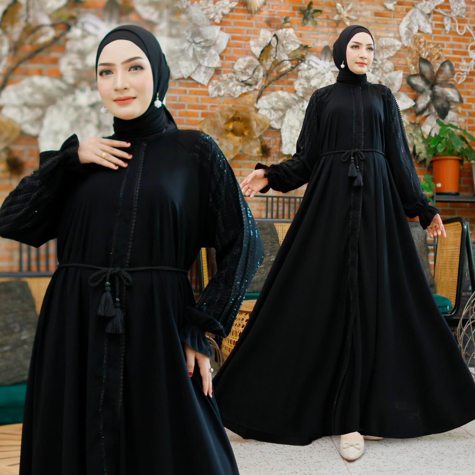 Abaya premium set kerudung pasmina ceruty gamis abaya dubai jet black wolpich wolpis resleting full bisa jadi outer terbaru