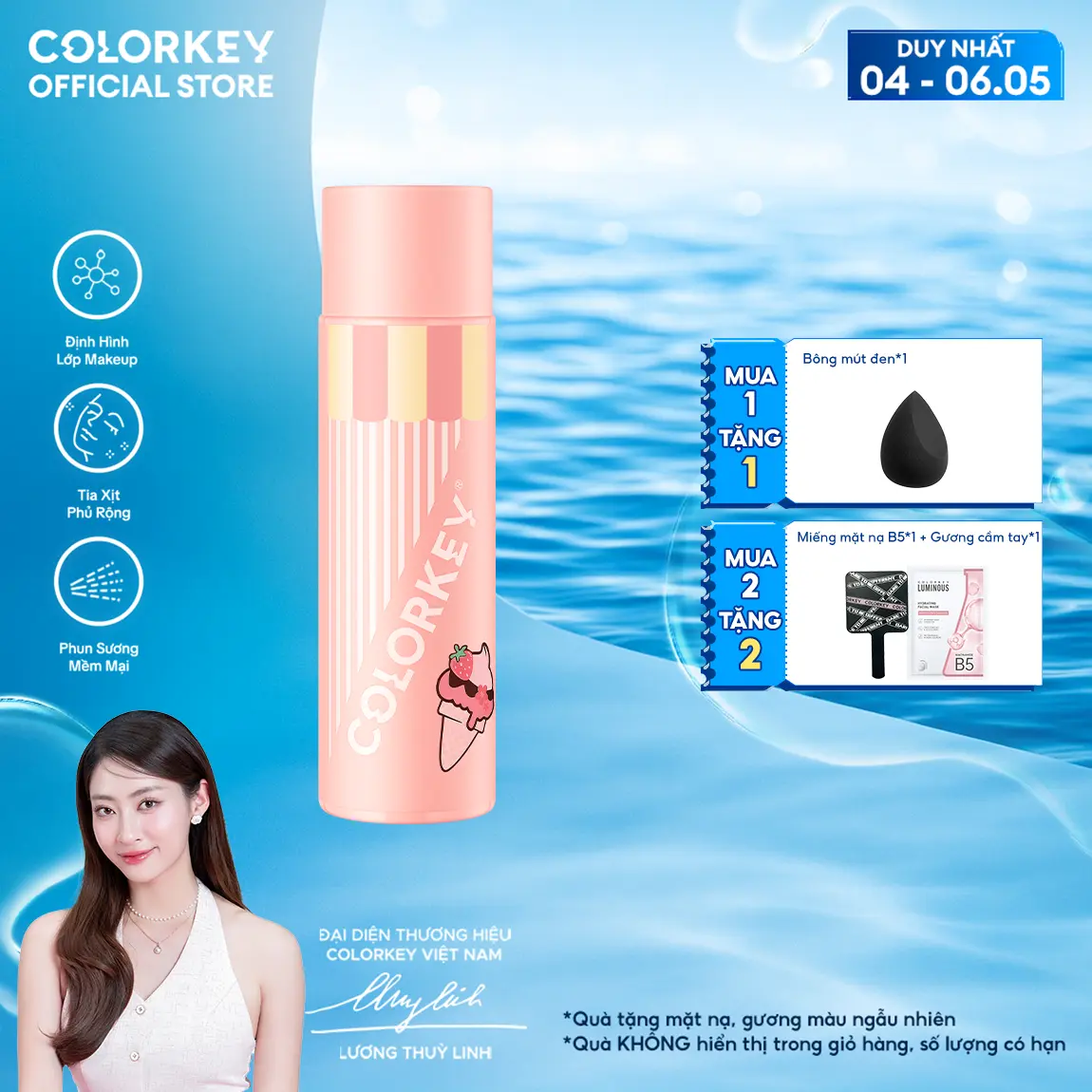 Xịt Khóa COLORKEY Phiên Bản Ice Cream Tia Sương Mịn Giúp Cố Định Lớp Trang Điểm Lâu Trôi Hỗ Trợ Dưỡng Ẩm 100ml/chai