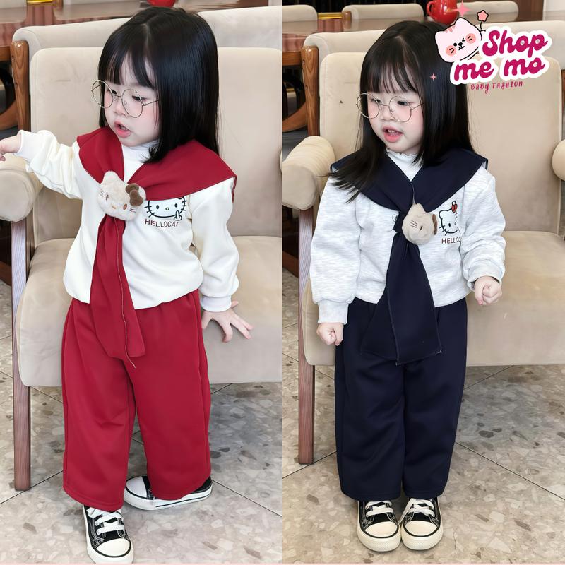 Shopmemo 8-20Kg Bộ Nỉ Dài Tay HELLO KITTY Áo Nỉ 2 Da + Quần Ống Rộng Dáng Xuông Tặng Kèm Khăn Cho Bé Gái Nhận làm theo yêu cầu