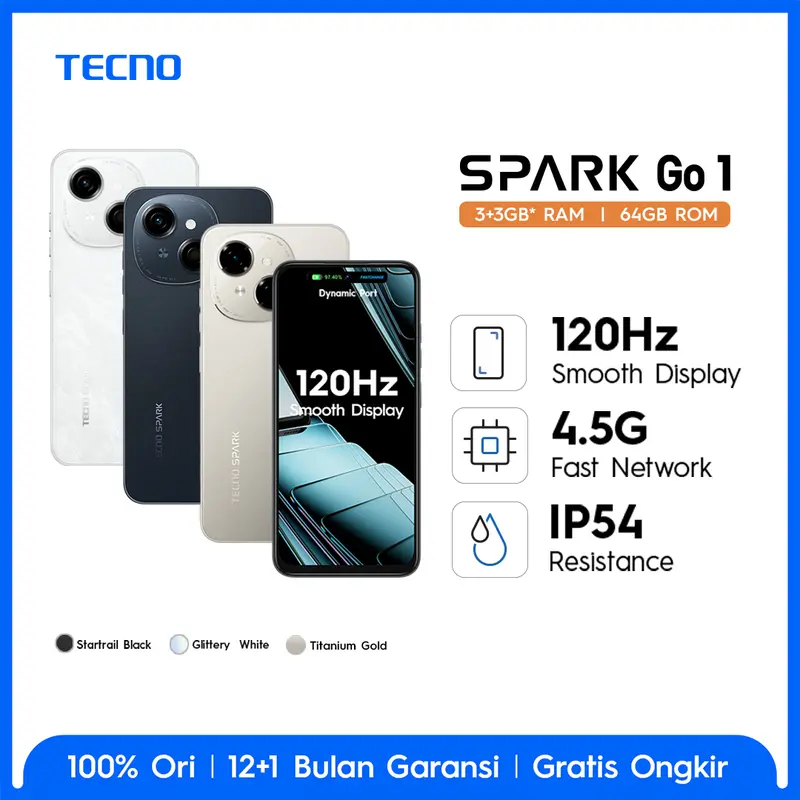 [LAST STOCK] TECNO SPARK Go 1 – 3+3GB*+64GB, 120Hz Display, T615+4.5G Network, 5000mAh+15W, IP54, Android 14, Garansi 12+1 Bulan 2