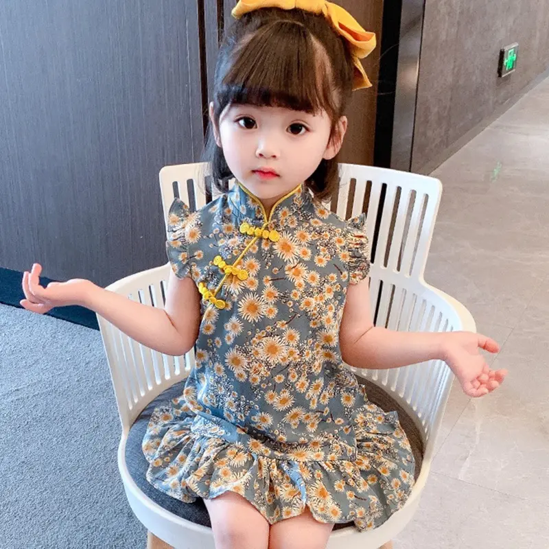 1-10Years Children Girls Cheongsam Dress Summer Chinese Style Tang Suit Floral Dresses