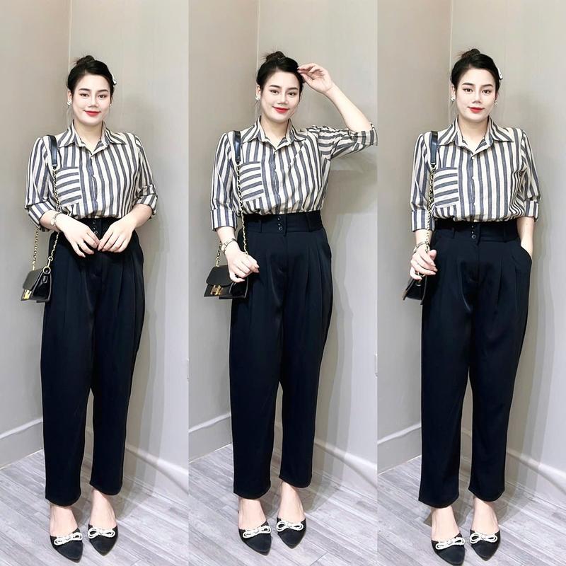Set Áo Sơ Mi Kẻ Phối Cùng Quần Baggy 3 Khuy Phù Hợp Đi Làm Đi Chơi Dành Cho Nữ Bigsize 55kg - 90kg