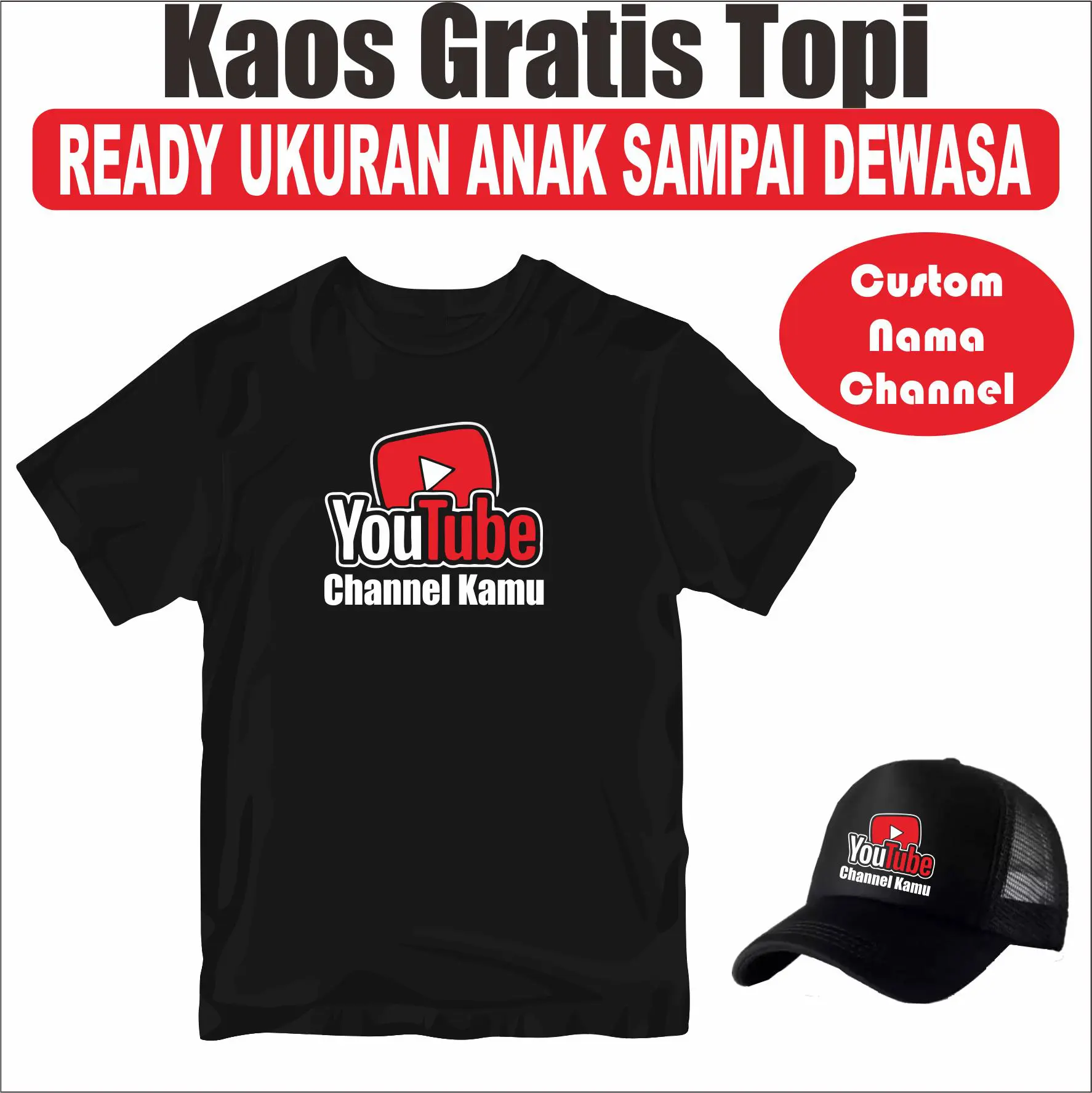 Kaos Gratis Topi Custom Nama Youtube