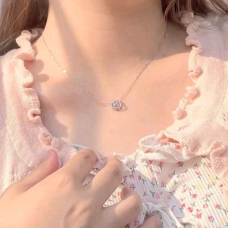 S925 Kalung Kucing KT  Merah Muda Hellokitty Rantai  Zircon  - Kalung Busur  Zircon HK - Kalung  Hellokitty 3