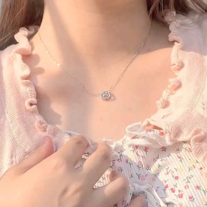 S925 Kalung Kucing KT  Merah Muda Hellokitty Rantai  Zircon  - Kalung Busur  Zircon HK - Kalung  Hellokitty 3